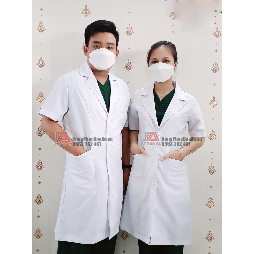 Áo Blouse Trắng NAM NỮ Tay Ngắn Thân Dài Cho Bác Sĩ Bệnh Viện, Phòng Khám, Nha Khoa, Thẩm Mỹ Viện