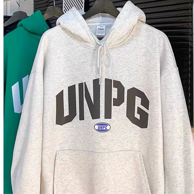 Áo Hoodie Nỉ Bông Dáng Rộng Form Unisex Nam Nữ In Chữ UNPG Màu Xám Tiêu
