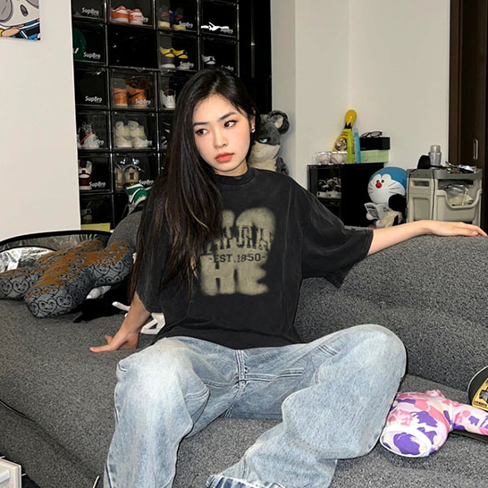 FOCUS local brand áo thun thời trang áo thun oversize nữ vintage đen tee 100%cotton