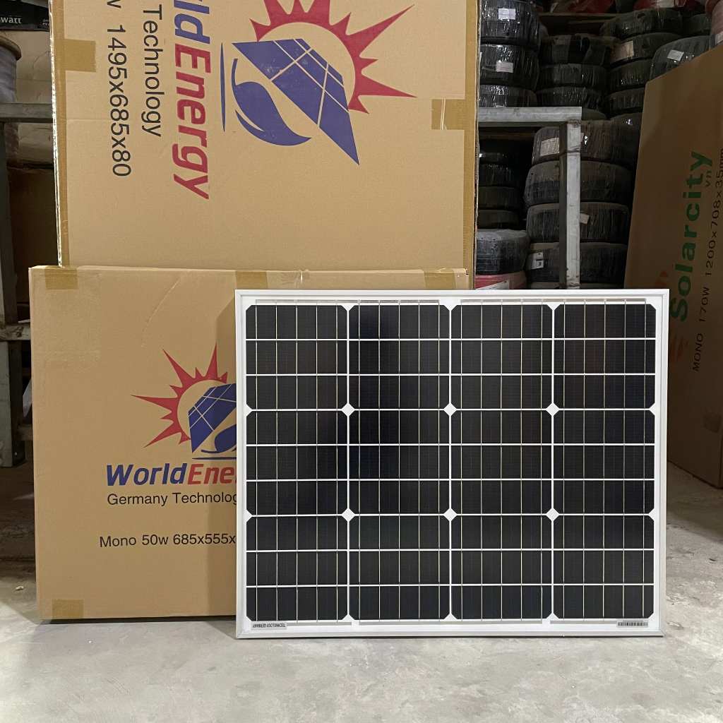 Pin năng lượng mặt trời mono 50w/18v WorldEnergy - tặng 1 cặp jack MC4 đơn (hàng chính hãng, bảo hành 12 năm)