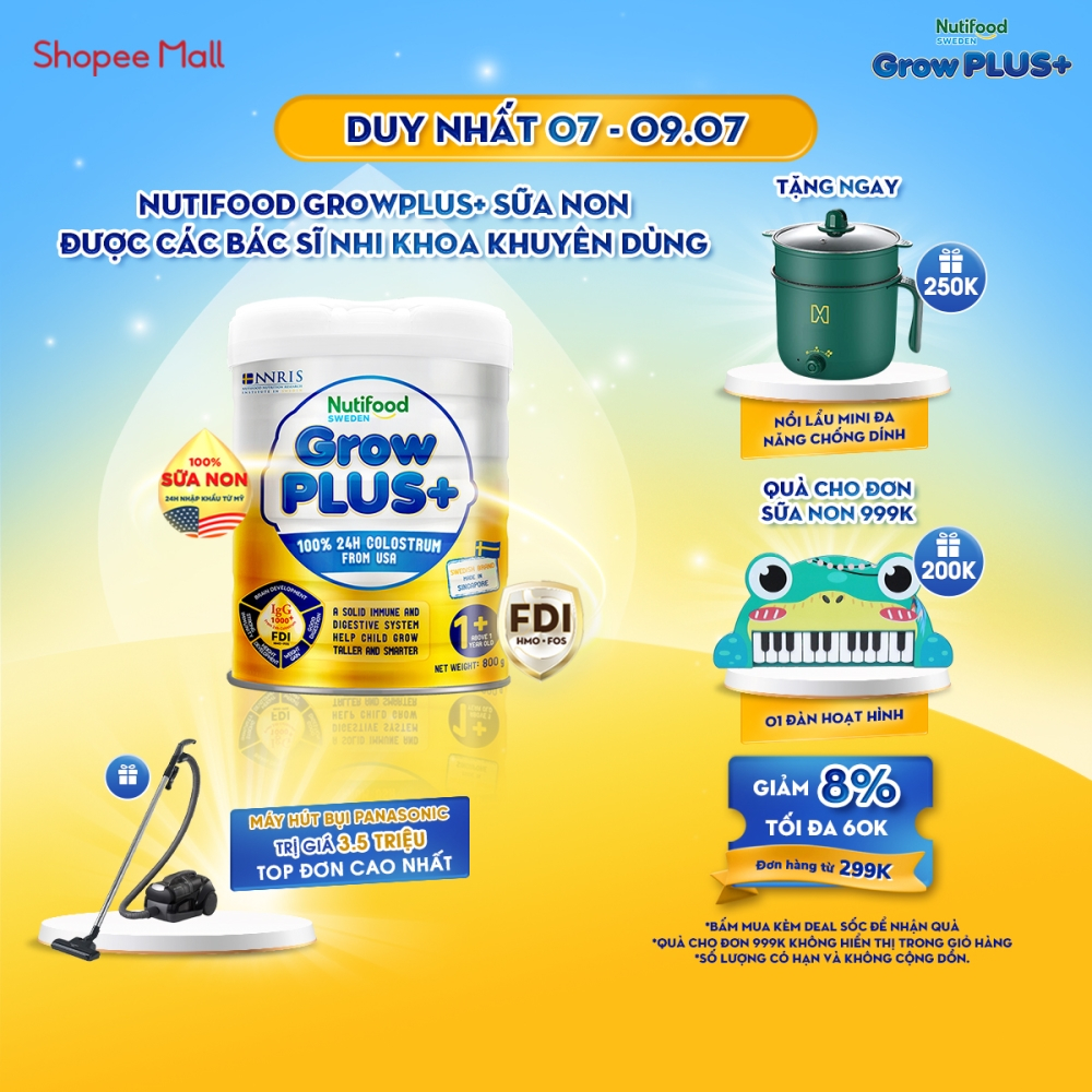 Sữa Bột Nutifood GrowPLUS+ Sữa Non Tăng Đề Kháng 800g - Trên 1 Tuổi - Tăng Cường Hệ Miễn Dịch, Tiêu Hóa Tốt (Lon 800g)