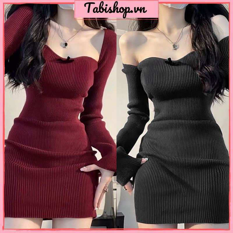 Đầm váy đỏ ôm body cổ vuông trễ vai dài tay dáng ngắn nơ cho nữ quảng châu order taobao hàn quốc