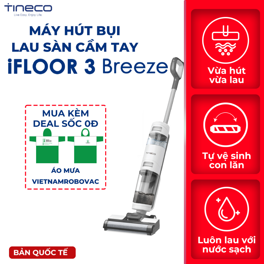 Máy hút bụi lau nhà khô và ướt TINECO IFLOOR 3 BREEZE_Bản quốc tế_Công suất 190W_Bảo hành 24 tháng_Hàng chính hãng