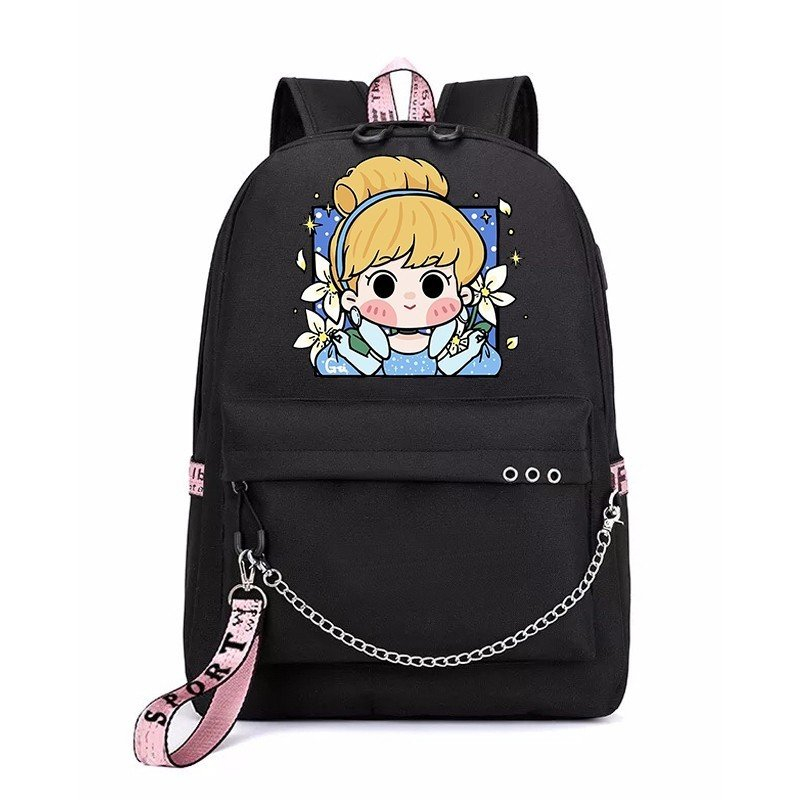 Balo thông minh đen in hình CÔNG CHÚA hoạt hình cartoon dễ thương cặp sách đi học dis.ney