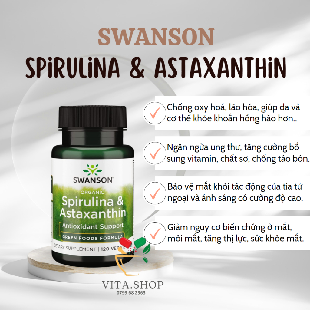Swanson Organic Spirulina & Astaxanthin - Viên uống chống oxy hóa, tăng cường thị lực, tim mạch 120v