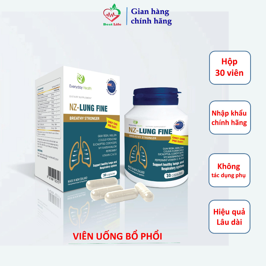 Bổ phổi NZ - LUNGFINE Everyday health hỗ trợ chức năng phổi tăng cường sức đề kháng đường hô hấp hộp 30 viên