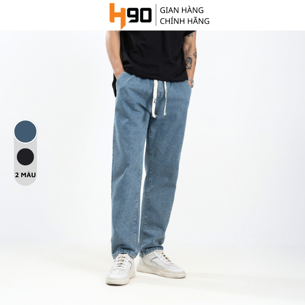 Quần Jean Nam H90 Dáng Baggy Cạp Chun Bản To  Lưng Thun Dây Rút Ống Rộng Chất Bò Cotton Không Co Giãn Chống Nhăn HTRJ015