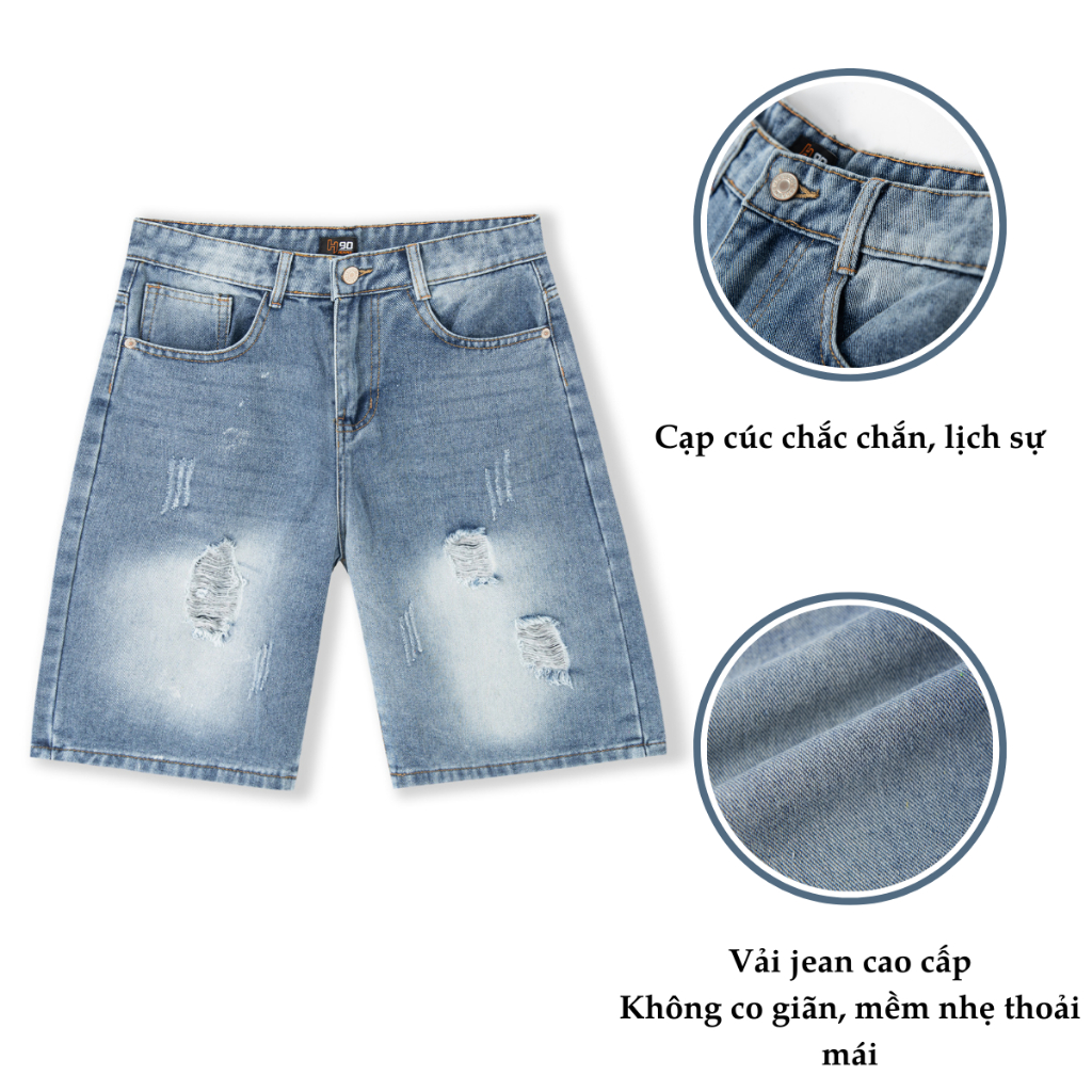 Quần Short Jean Nam H90 Dáng Rộng, Quần Bò Ngố Cạp Cao Chất Denim Không Co Giãn Bền Màu HSTJ006