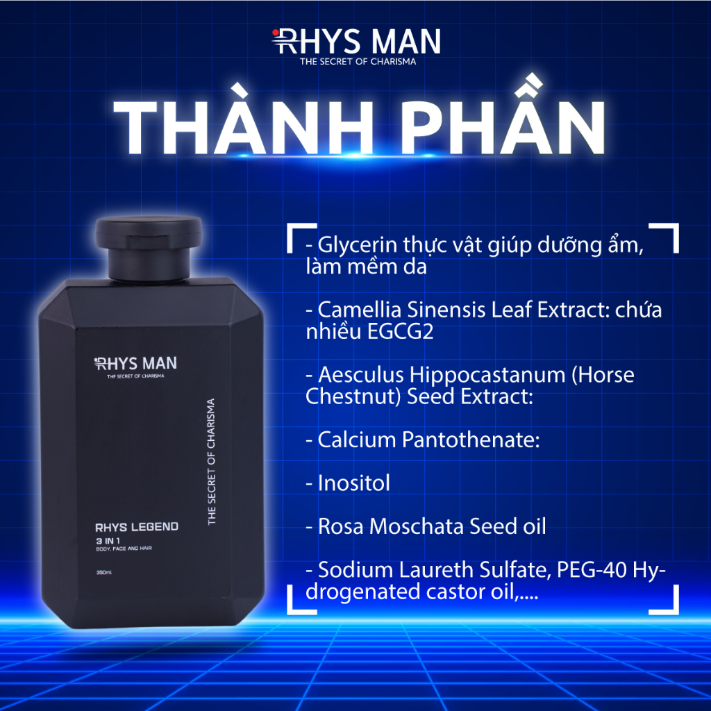 SỮA TẮM GỘI nam Rhys Legend hương nước hoa 350 ml & SỮA RỬA MẶT nam hương dừa Rhys Coconut Fresh 100ml