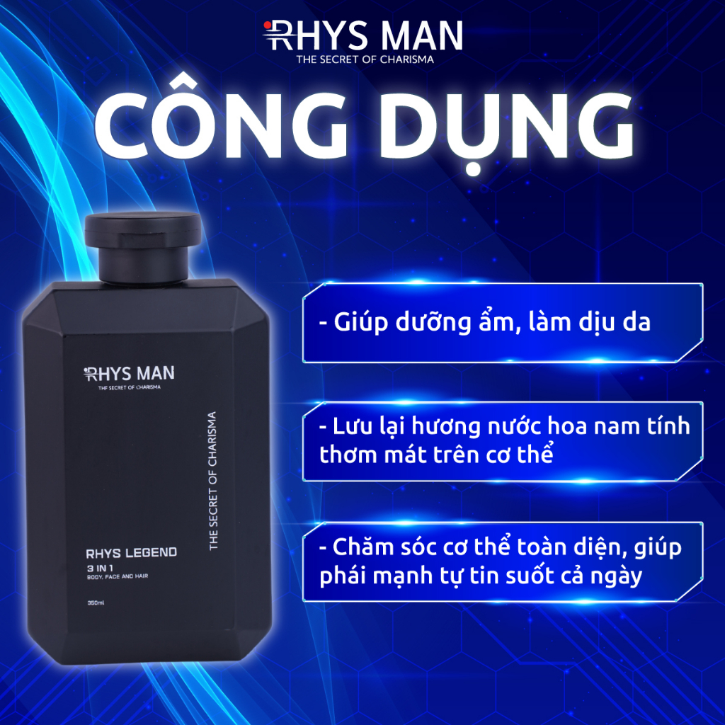 SỮA TẮM GỘI nam Rhys Legend hương nước hoa 350 ml & SỮA RỬA MẶT nam hương dừa Rhys Coconut Fresh 100ml