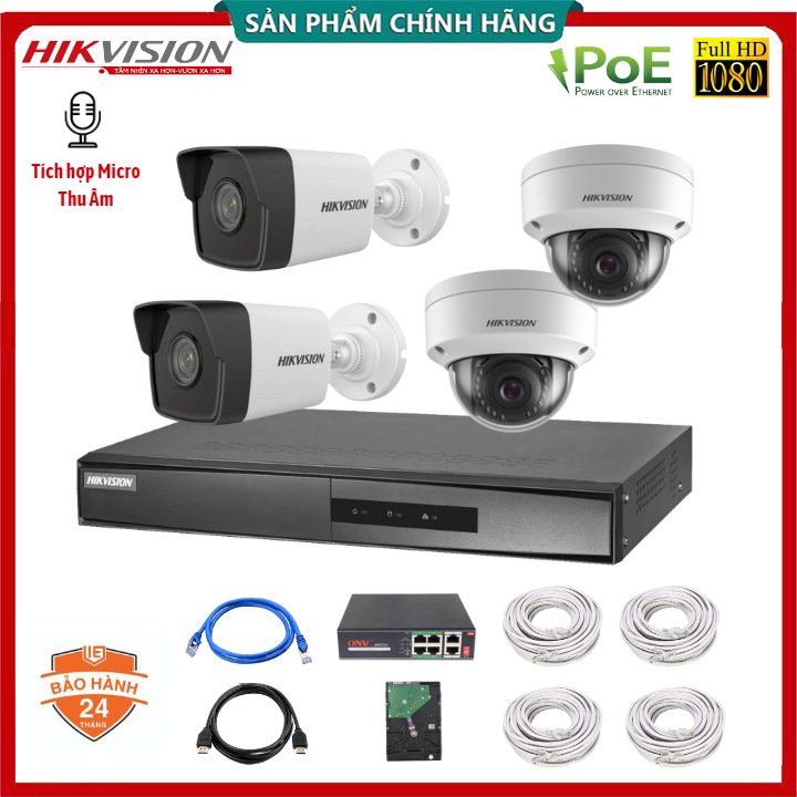 [Chính Hãng] Trọn Bộ 4 Camera IP POE Hikvision 2MP - Tích Hợp Micro Thu Âm, Đầy Đủ Phụ Kiện Lắp Đặt - Bảo Hành 24 Tháng
