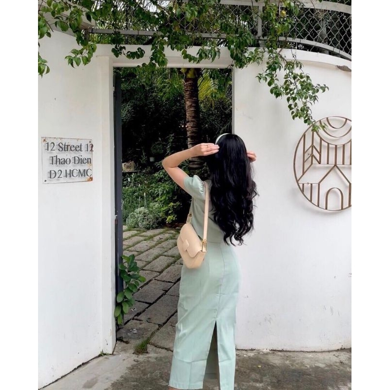 Set áo nút bọc chéo chân váy midi