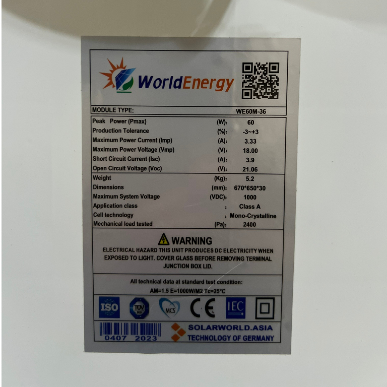 Pin năng lượng mặt trời mono 60w/18v WorldEnergy - tặng 1 cặp jack mc4 đơn (hàng chính hãng, bảo hành 12 năm)