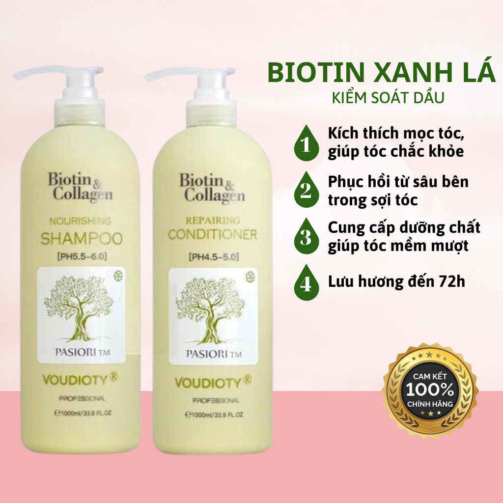 Cặp Dầu Gội Biotin Collagen Xanh Lá Kiềm Dầu 500ml và 1000ml