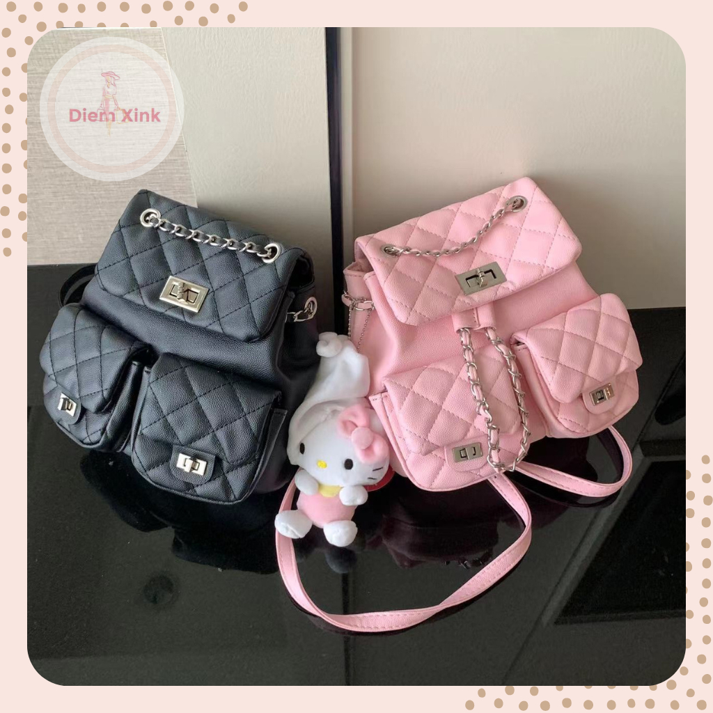 Balo Mini Cho Nữ, Balo Da Mêm Thời Trang Màu Hồng Xinh Xắn Size 18 Cm Đi Chơi Chụp Hình Da Sần Cao Cấp Hai Túi