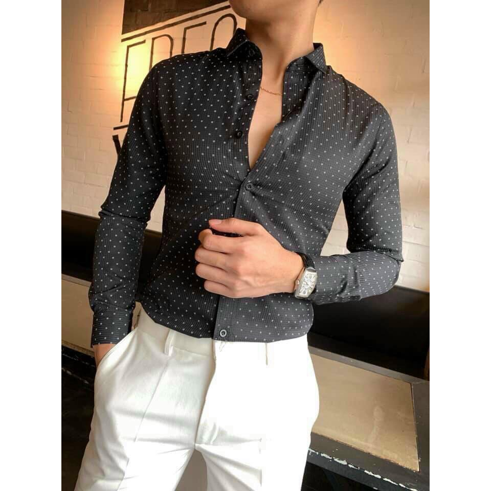 Áo sơ mi nam dài tay cao cấp hoạ tiết chấm bi form dáng slim fit Hàn Quốc