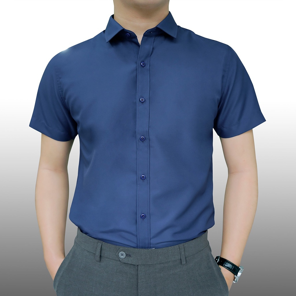 Áo sơ mi nam ngắn tay vải cotton lụa trơn mát chống nhăn