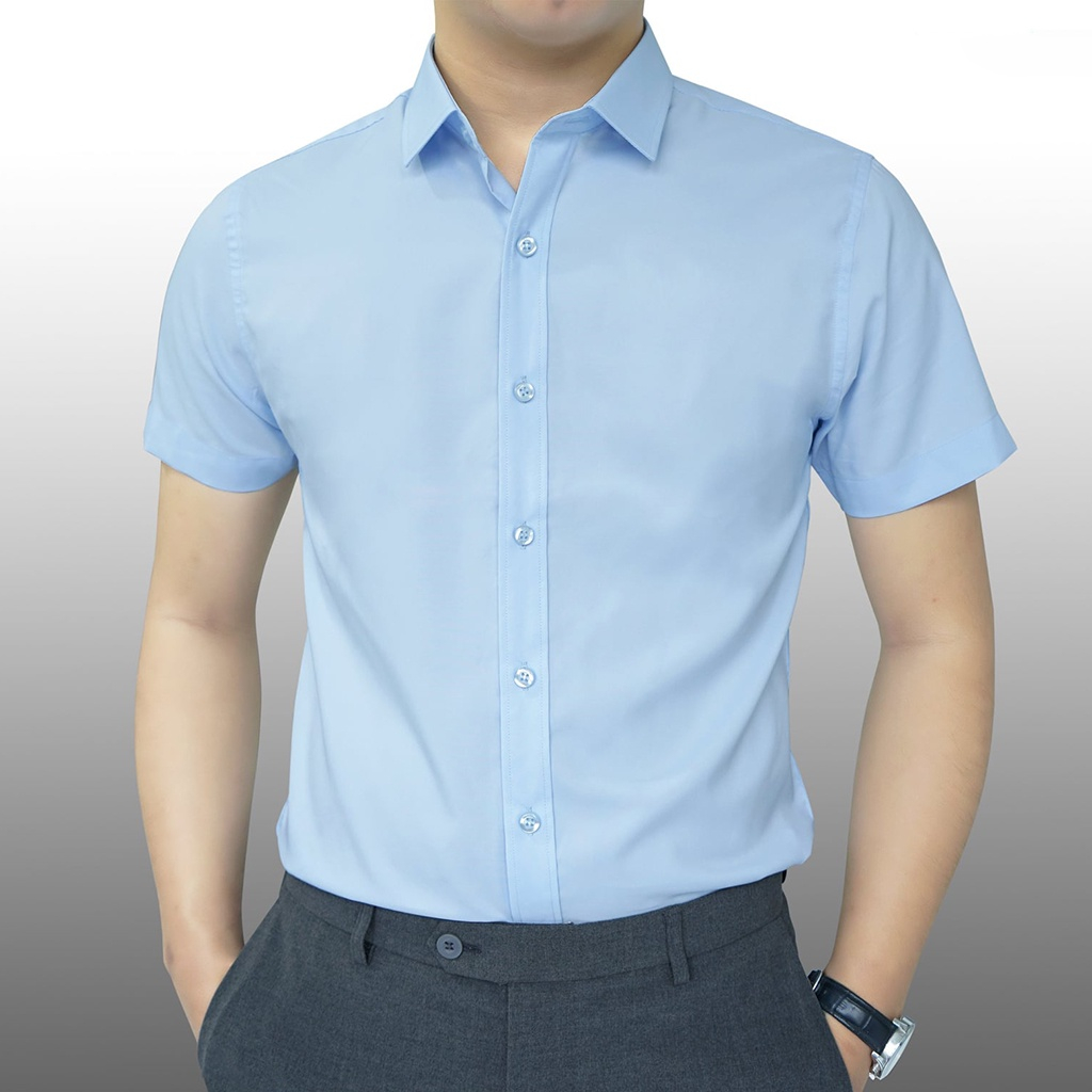 Áo sơ mi nam ngắn tay vải cotton lụa trơn mát chống nhăn