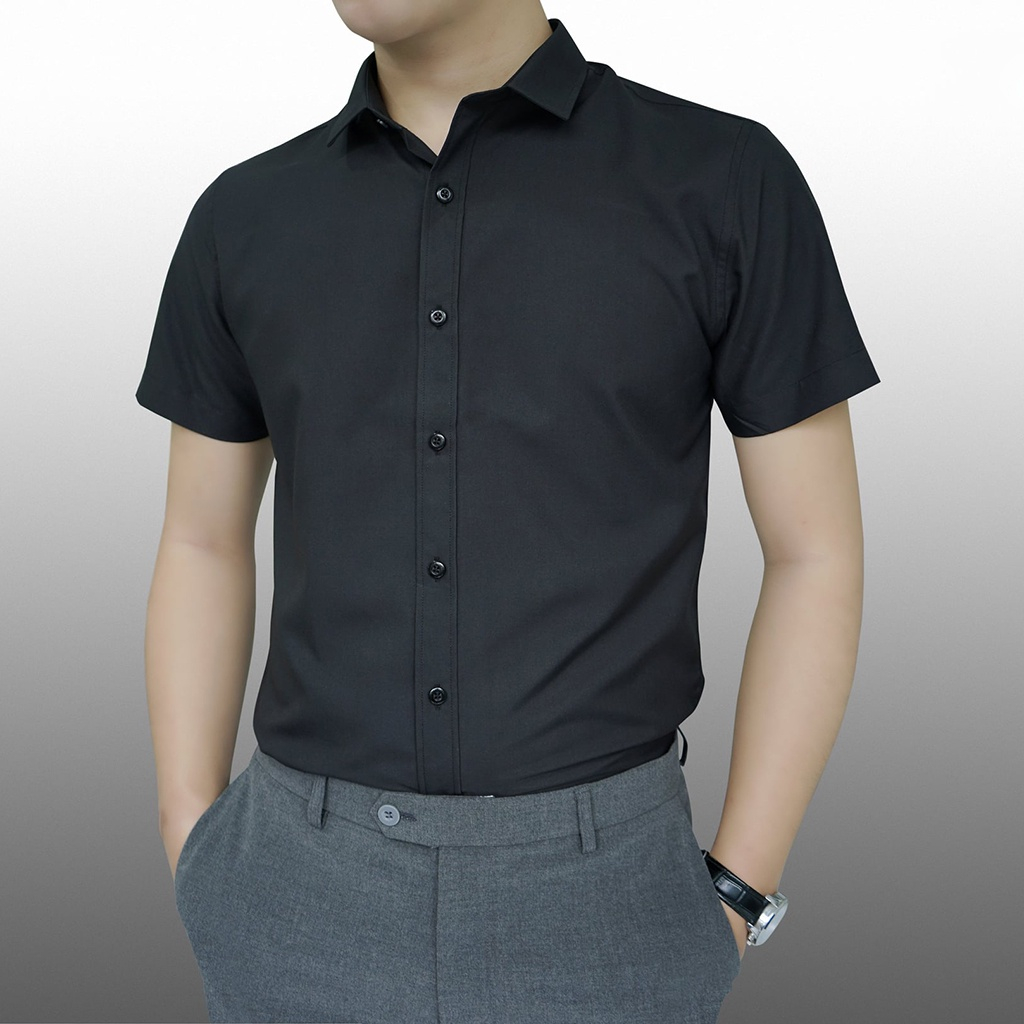 Áo sơ mi nam ngắn tay vải cotton lụa trơn mát chống nhăn