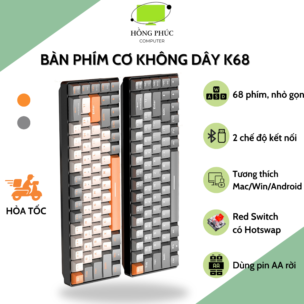 Bàn phím cơ bluetooth không dây K68 - Kết nối 2 chế độ ( Không dây, Bluetooth) - 68 Phím Hotswap