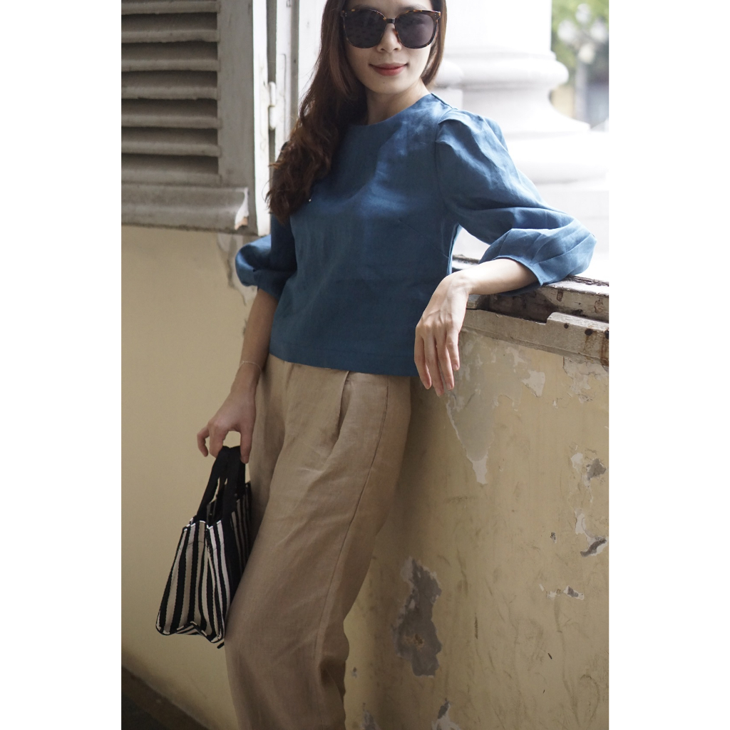 MaxMessi - Áo công sở nữ Linen Tưng Premium RADIANT cổ tròn tay phồng
