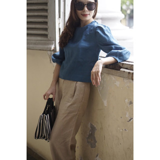 MaxMessi - Áo công sở nữ Linen Tưng Premium RADIANT cổ tròn tay phồng