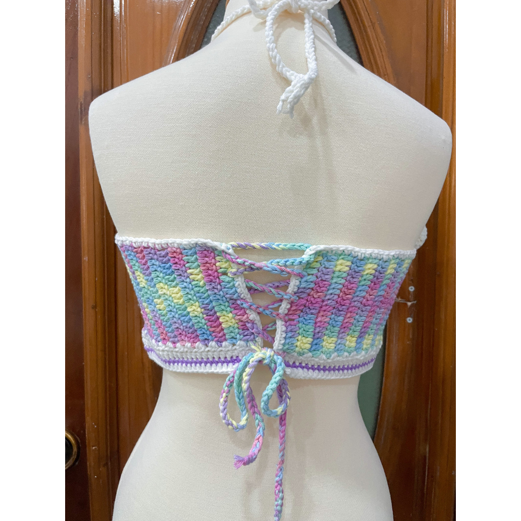 Áo croptop len Áo len móc màu loang thắt dây phía sau