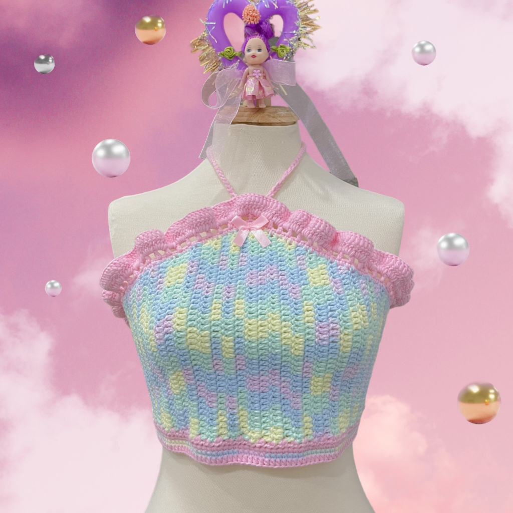 Áo croptop len Áo len móc màu loang thắt dây phía sau