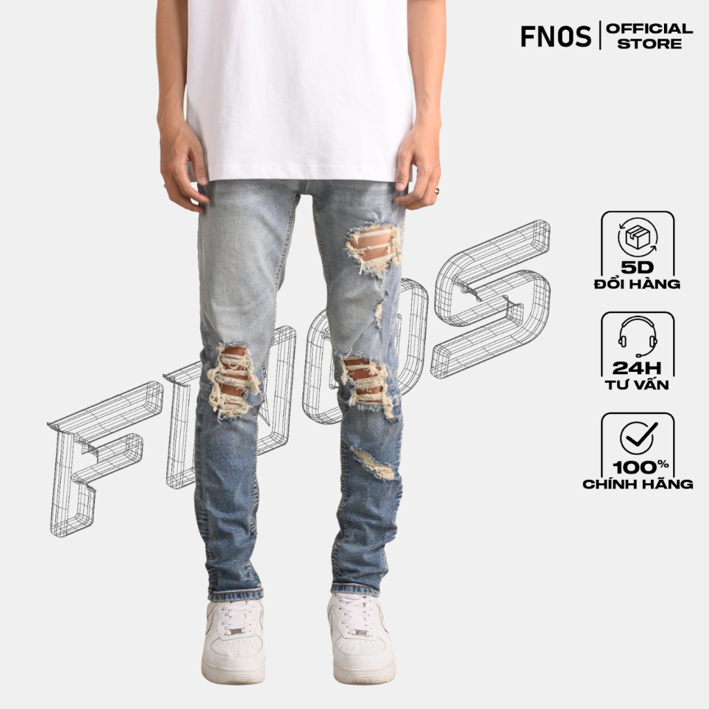 Quần Skinny Jeans Nam FNOS Streetwear Màu Xanh Rách Gối NZ49 - Local Brand Chính Hãng
