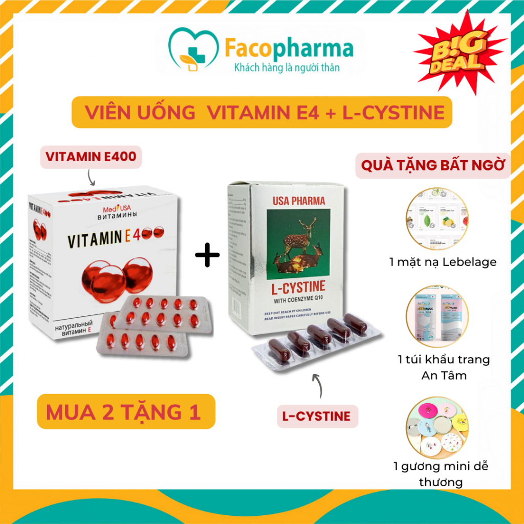 Combo nội tiết tố L cystine 60v và vitamin E đỏ 100v hỗ trợ cân bằng nội tiết giảm rụng tóc trắng da mờ thâm