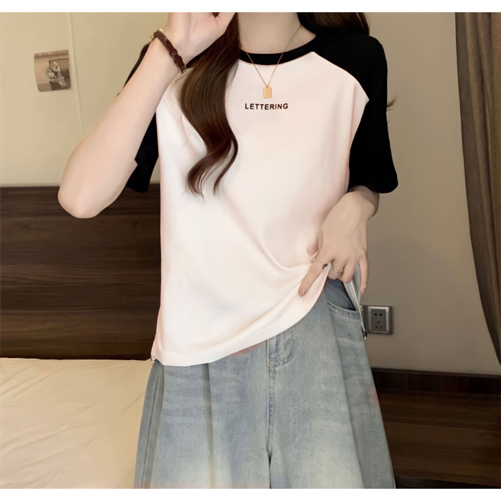 Áo Thun Babe Tee Leterring Tay Phối Màu Dây Rút In Chữ 4 Màu