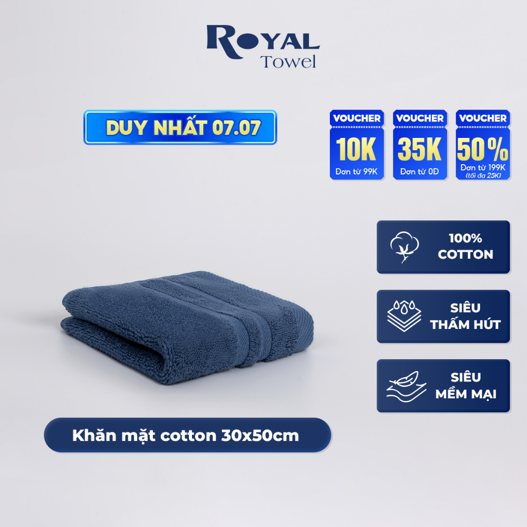 Khăn mặt Royal 30x50cm với sợi bông cotton dày thấm hút tốt, không ra màu, không đổ lông