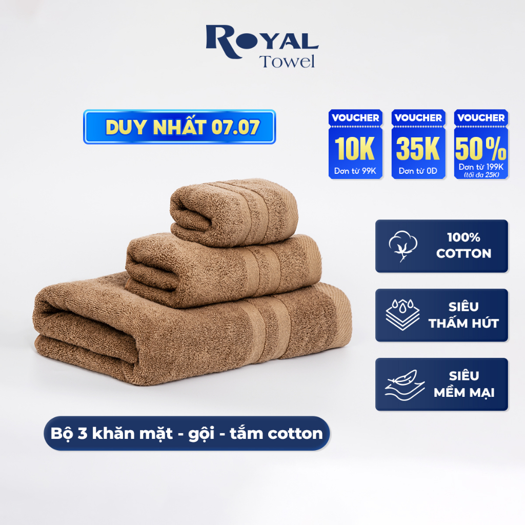 Bộ 3 khăn tắm mặt gội với sợi bông cotton dày thấm hút tốt, không đổ lông, không ra màu