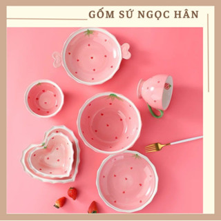 Bộ Bát Đĩa Gốm Sứ Dâu Tây Hồng Dễ Thương, Chén Đĩa Decor cao cấp, Chén Bát Sứ Ăn Cơm Đẹp Đáng Yêu