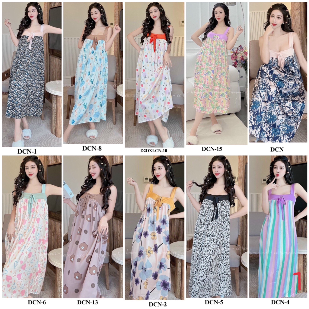 Đầm ngủ lụa 2 dây xếp ly có nơ cao cấp DCN thương hiệu CC HOMEWEAR