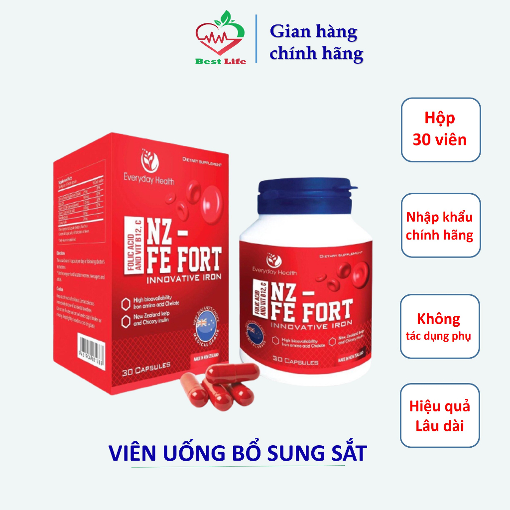 Viên uống NZ - FE FORT Everyday Health bổ sung sắt hữu cơ nano sắt hỗ trợ điều trị bệnh thiếu máu hộp 60 viên