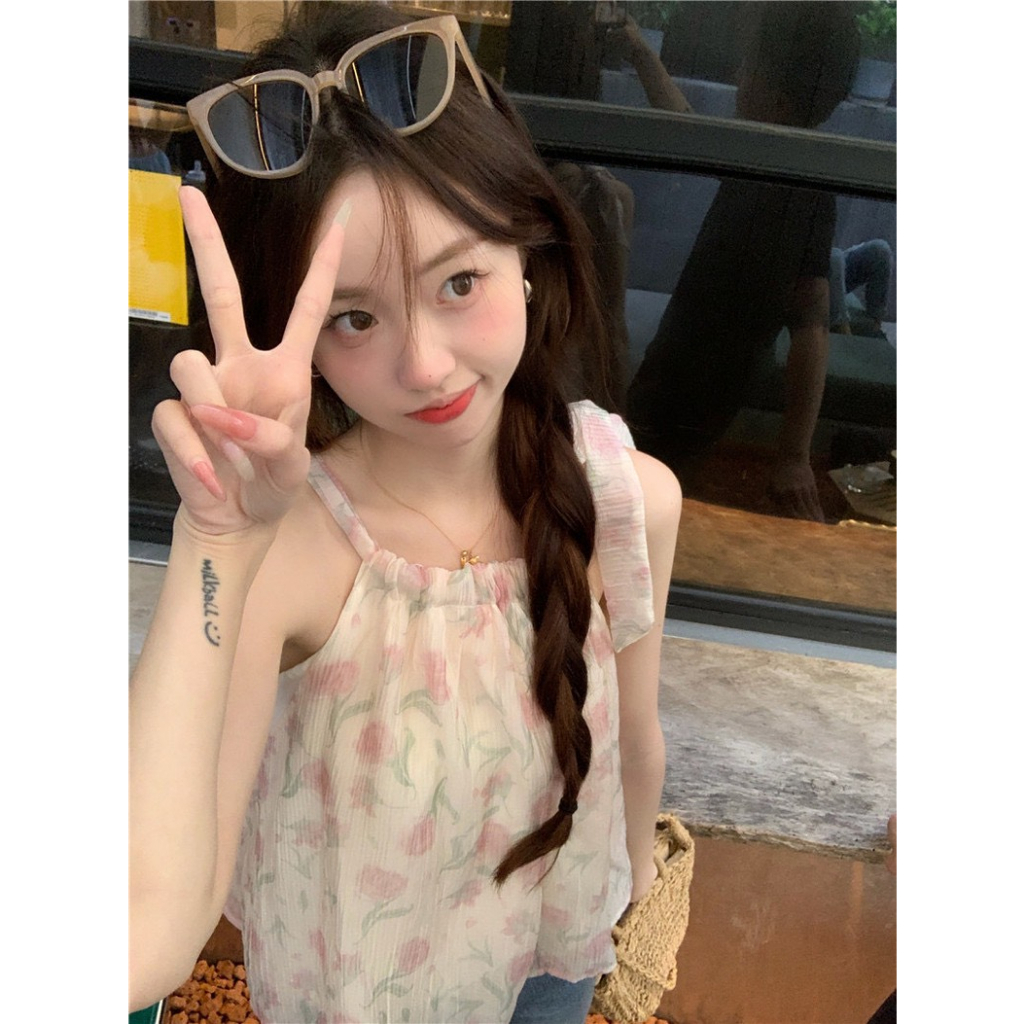 Áo cổ yếm bèo Yummy có nơ thắt ở cổ, Áo babydoll vải voan hai lớp hình quả ngọt ngào