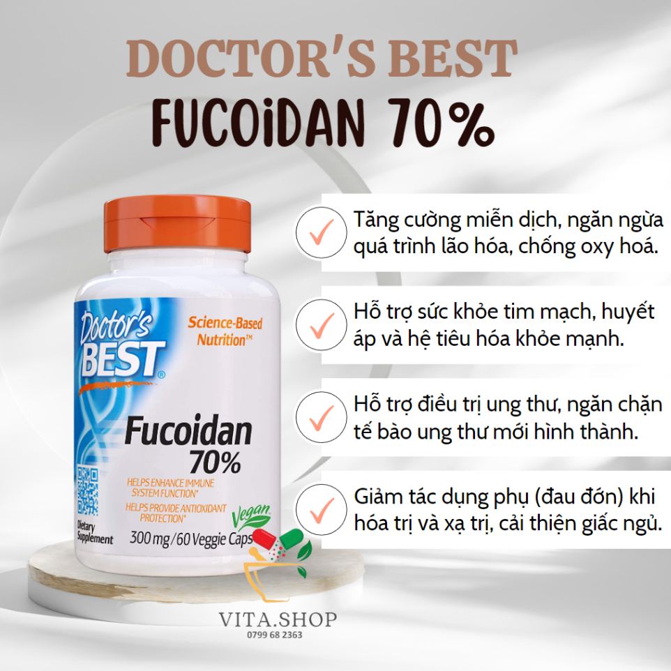 Doctor's Best Fucoidan 70% 300mg viên uống tăng cường sức khỏe, ngừa ung thư 60 viên