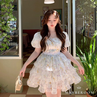 Váy voan hoa nhí 3 tầng phối ren eo công chúa cổ vuông tay bồng Cinderella dress Mayberoom