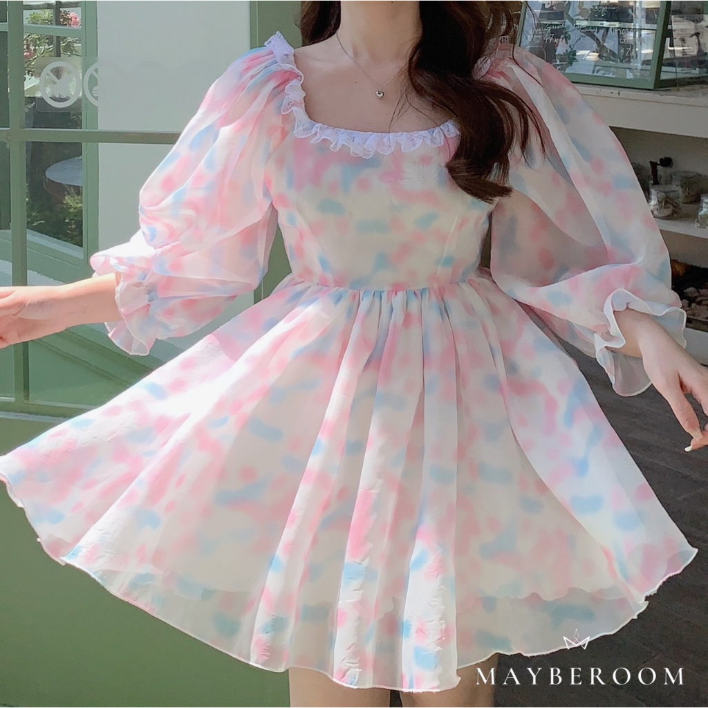 Váy voan loang pastel cổ vuông ren tay lửng xoè A bồng bềnh công chúa Krissy dress Mayberoom