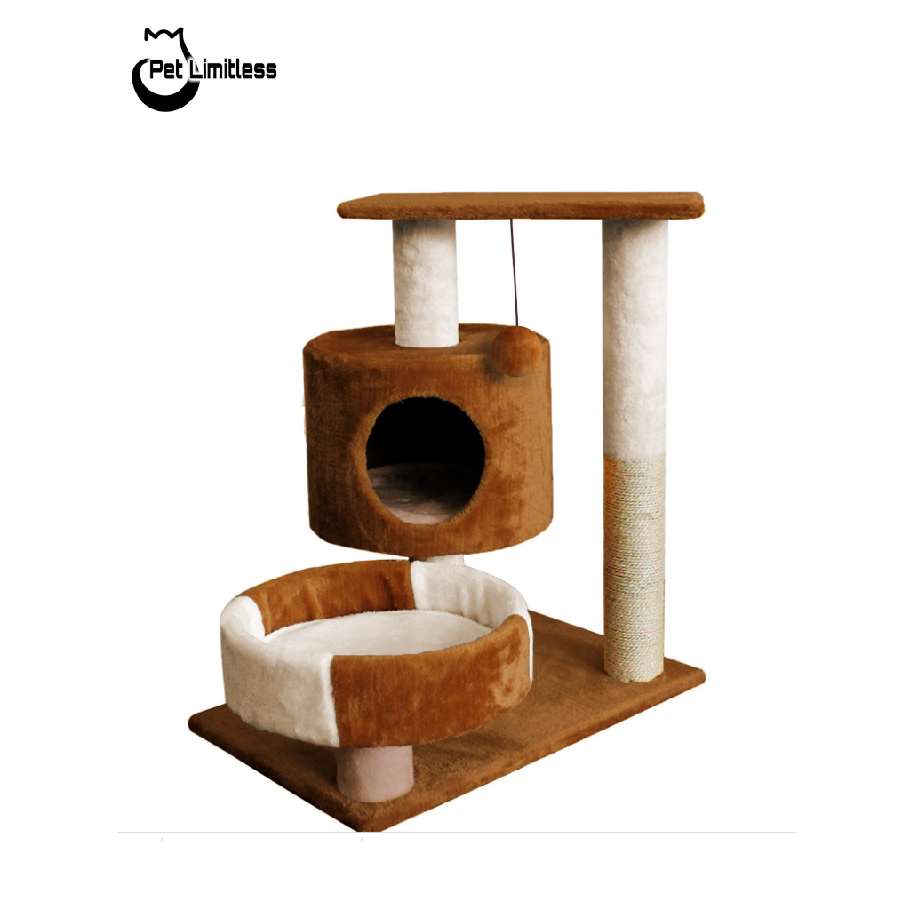 Cattree LUHI nhà cây cho mèo xinh xắn kết hợp trụ cào móng có khay tròn và đệm nằm êm ái màu xám kem-nâu kem CT00006