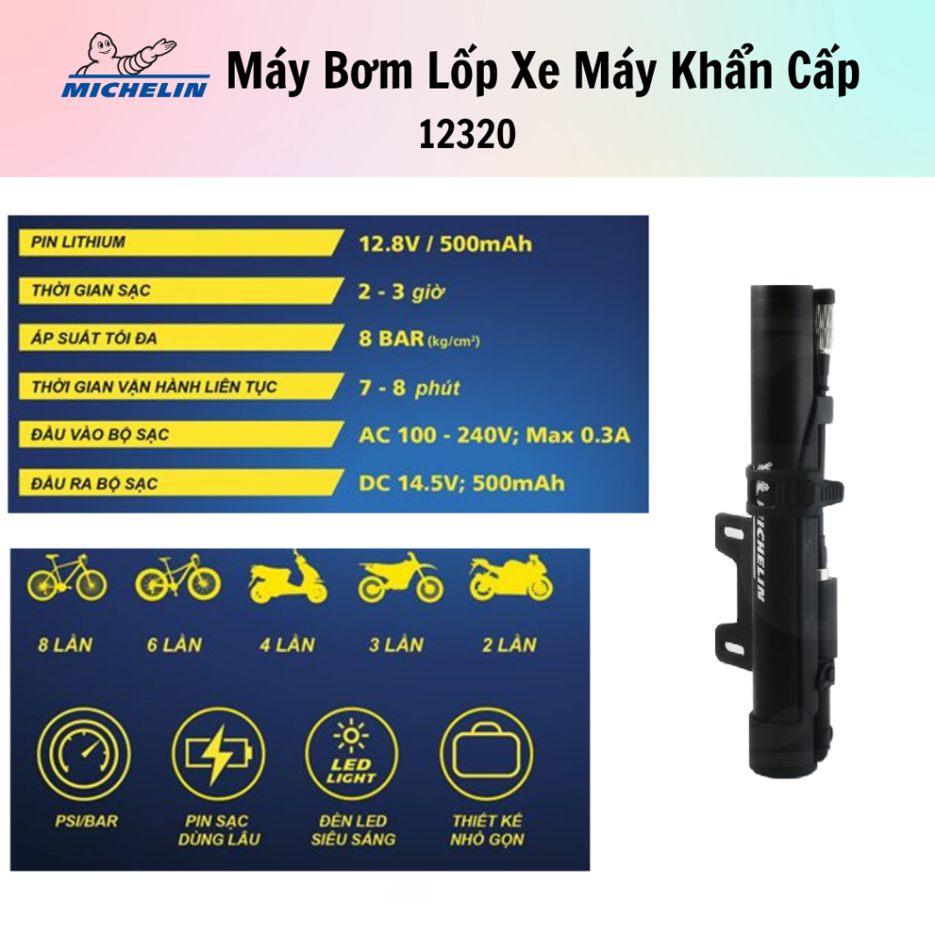 Máy bơm lốp xe mô tô, xe máy khẩn cấp Michelin 12320 - 100% chính hãng