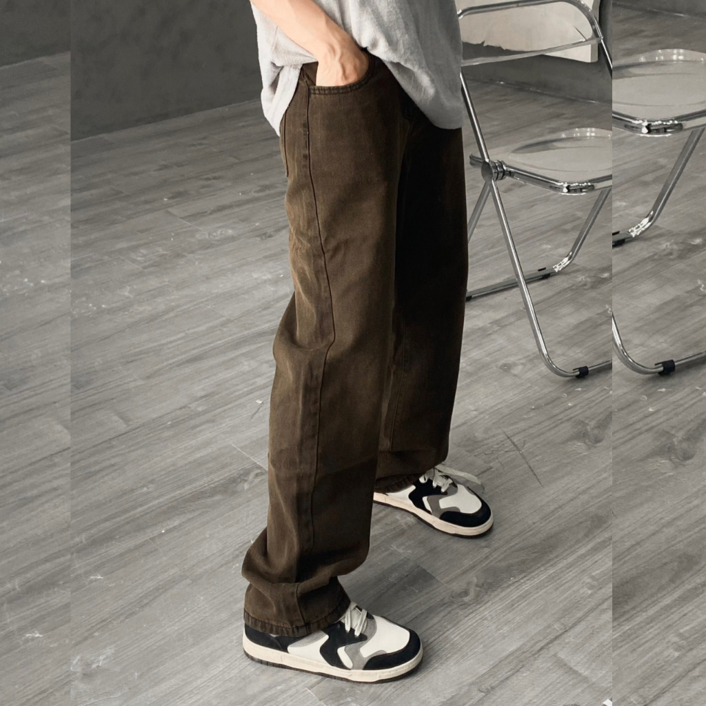 Quần jean nam màu nâu ống suông rộng quần ống suông nam màu nâu XESINU