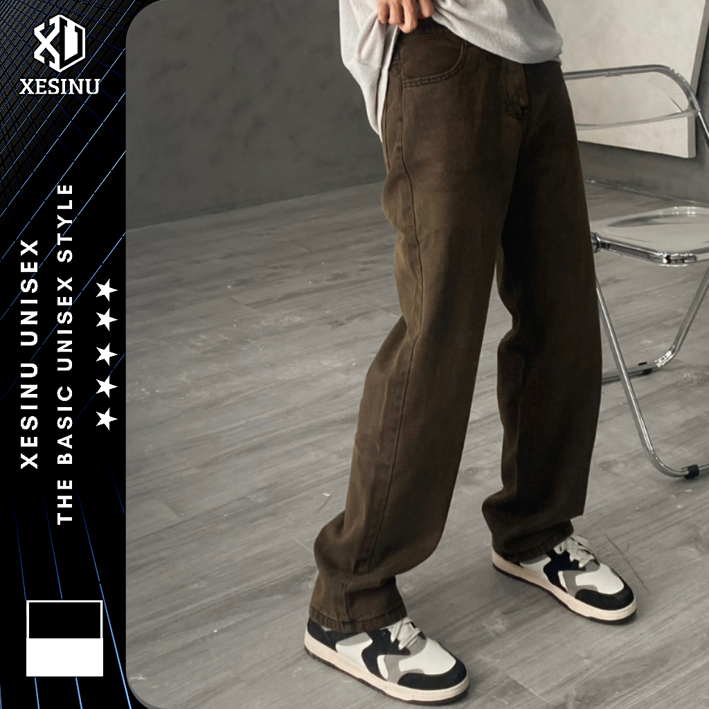 Quần jean nam màu nâu ống suông rộng quần ống suông nam màu nâu XESINU