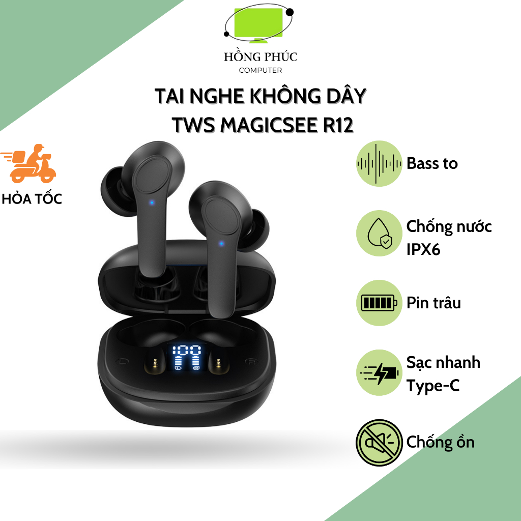 Tai nghe bluetooth không dây TWS Magicsee R12 - Bass To - Âm Treble Trong - Chống ồn - Pin Trâu - Sạc Type C