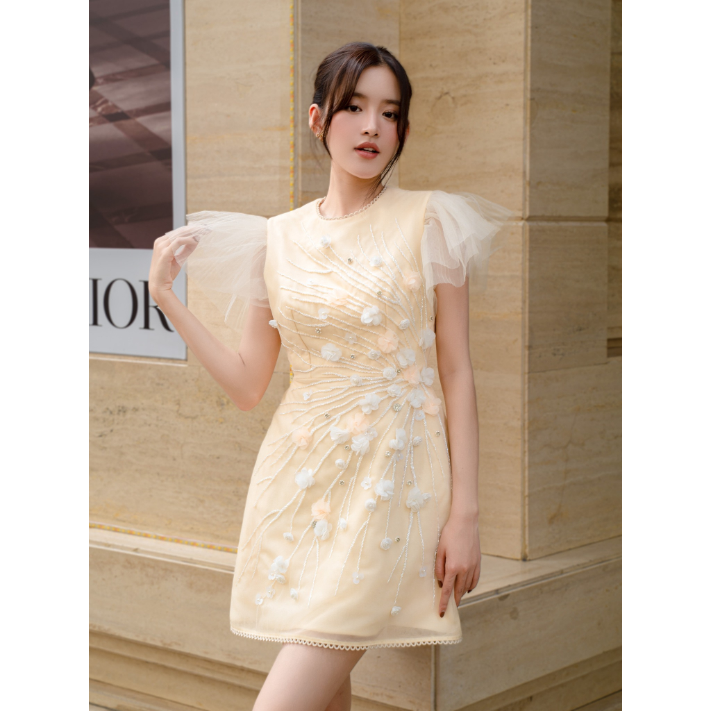 MAVEN - Váy cổ tròn tay lưới đính kết Marty Dress