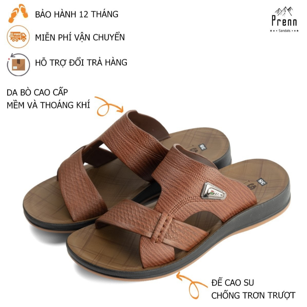 Dép da nam tuổi trung niên 100% da thật cao cấp, Đế cao su đúc gầm kếp chống trơn siêu bền đẹp