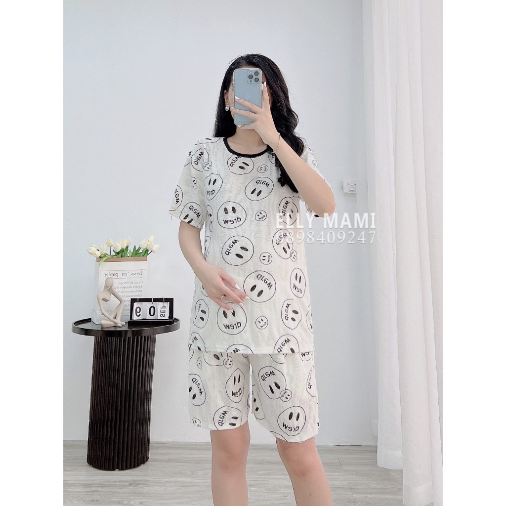 ( 40kg - 75kg ) Đồ Bộ Bầu Và Sau Sinh Cộc Thun Cotton Mặt Cười Xinh Form Dễ Mặc , Siêu Mát Nhẹ Tênh