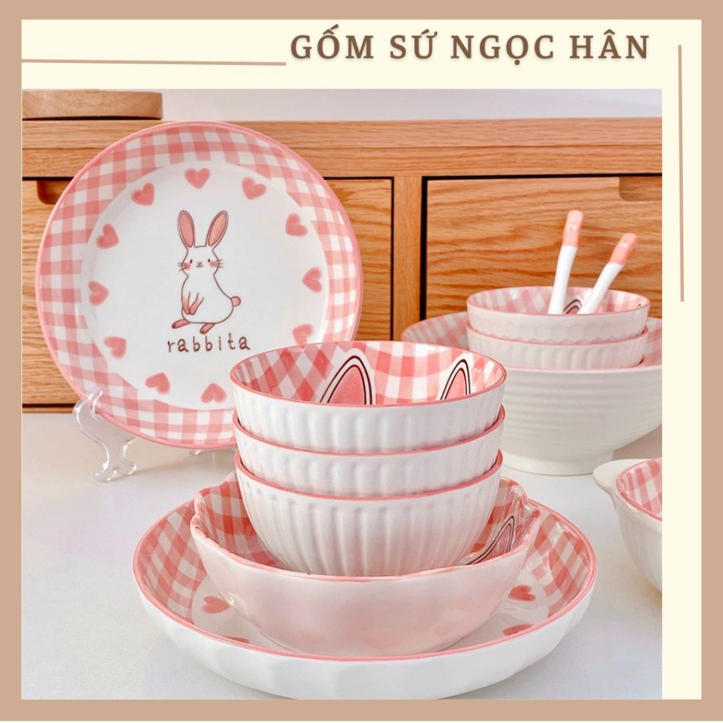 Bộ Bát Đĩa Sứ Thỏ Hồng Dễ Thương, Bát Ăn Cơm, Chén Đĩa Gốm Sứ Decor Họa Tiết Đáng Yêu