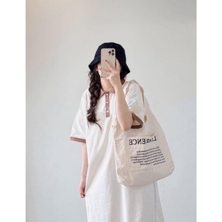 Đầm midi polo cổ trắng /nâu phối chữ Fear dáng dài form rộng H A N STORE